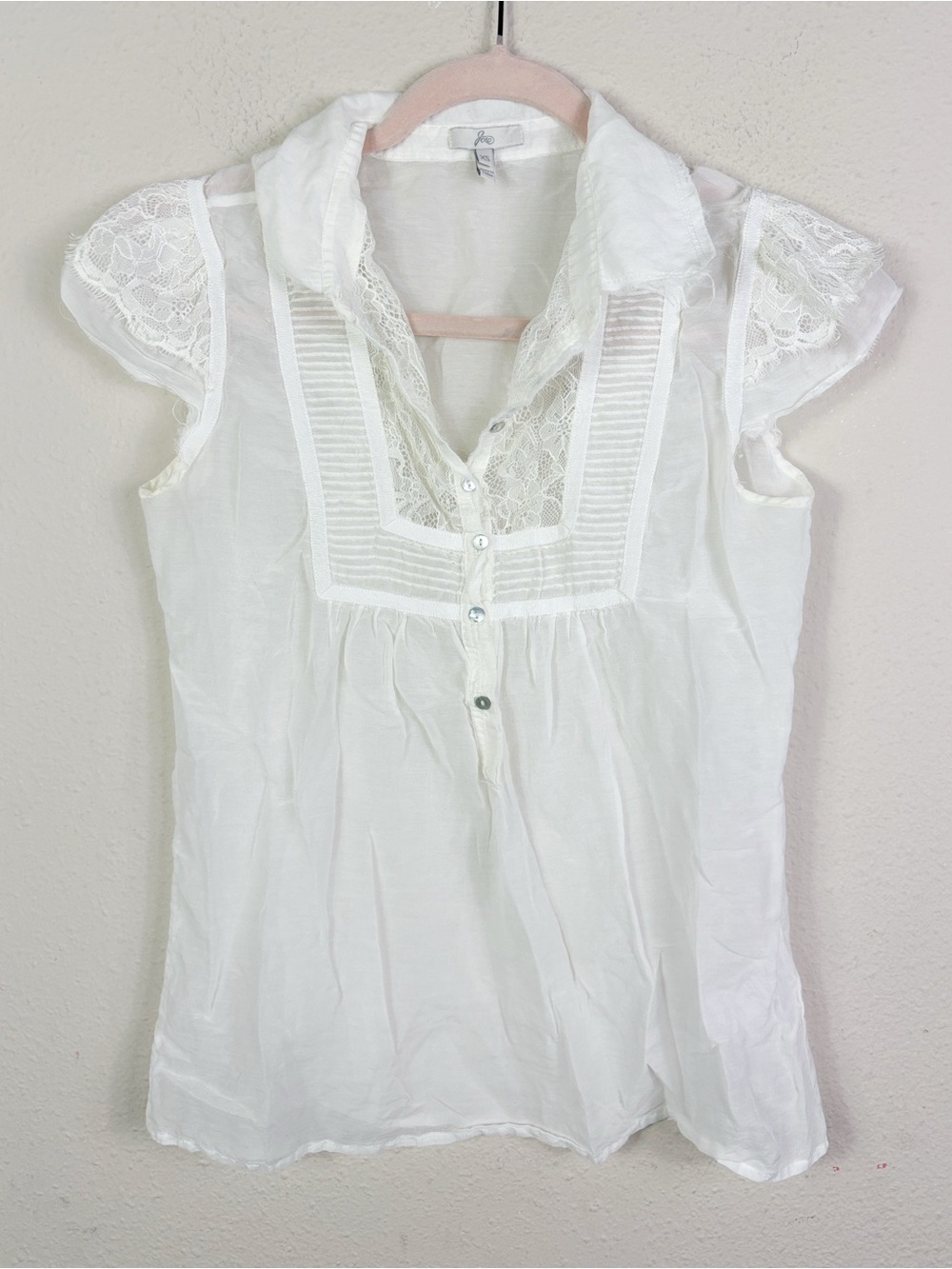 Joie off white romantic boho pintuck lace blouse semi sheer silk cotton size Xs